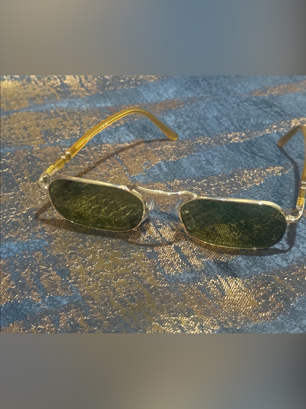 Persol Silver Frame Sunglasses with Green Lenses and Yellow Temples